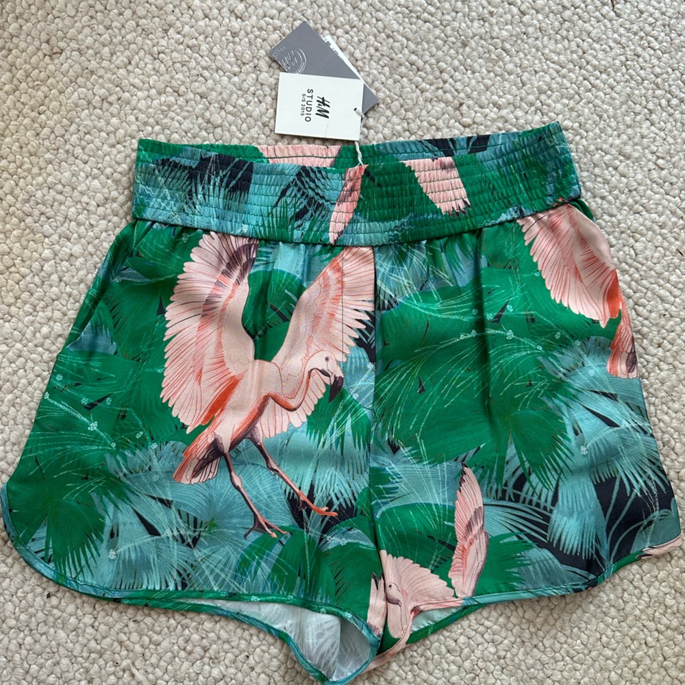 H&M Studio Vibrant Green Tropical silk shorts size 8